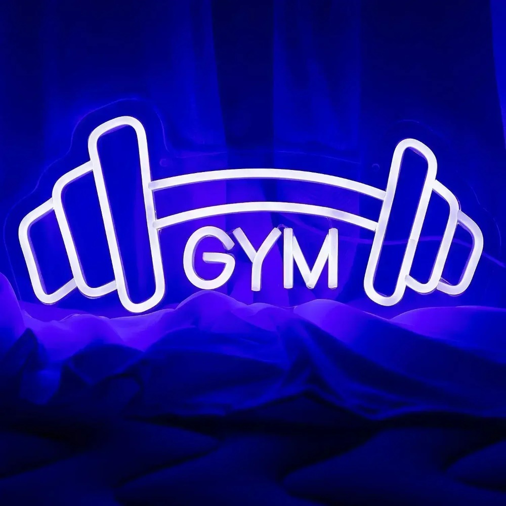 Kids Outdoor Gym - Barbell Gym Neon Sign Blue Dumbbell